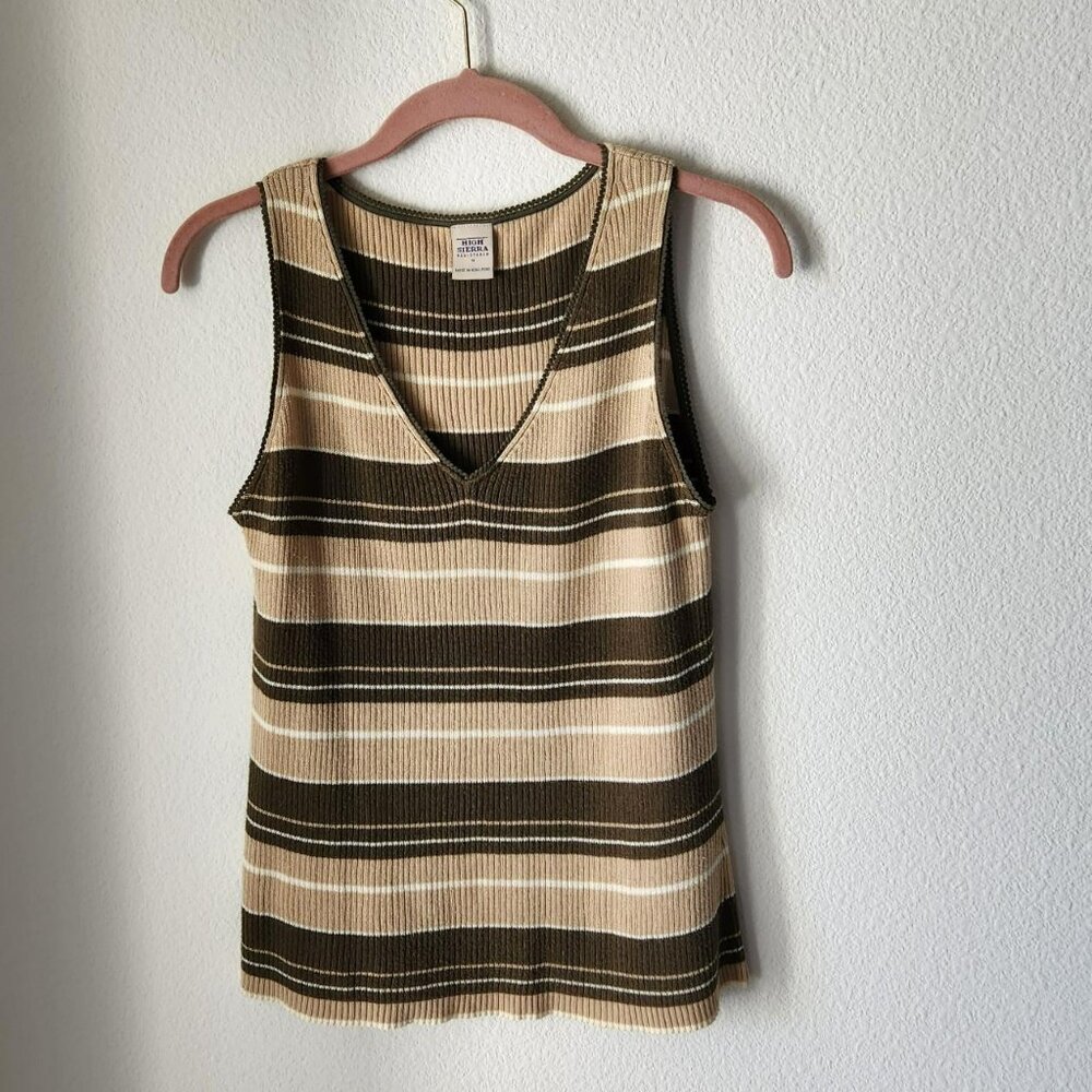 HIGH SIERRA Vintage Khaki Brown Striped Sweater Vest Sz M Preppy Minimalist